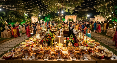 Wah Punjabi catering service in Whitefield wedding buffet setup with elegant décor and multiple dishes