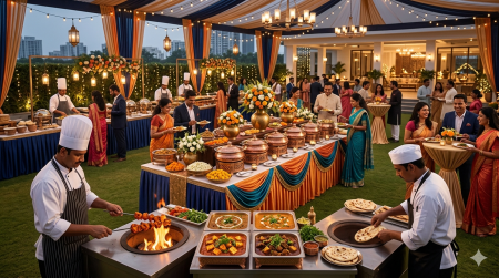 Premium Punjabi catering setup by Wah Punjabi featuring live food counters and elegant buffet arrangements at an event in Kundanahalli, Bangalore.